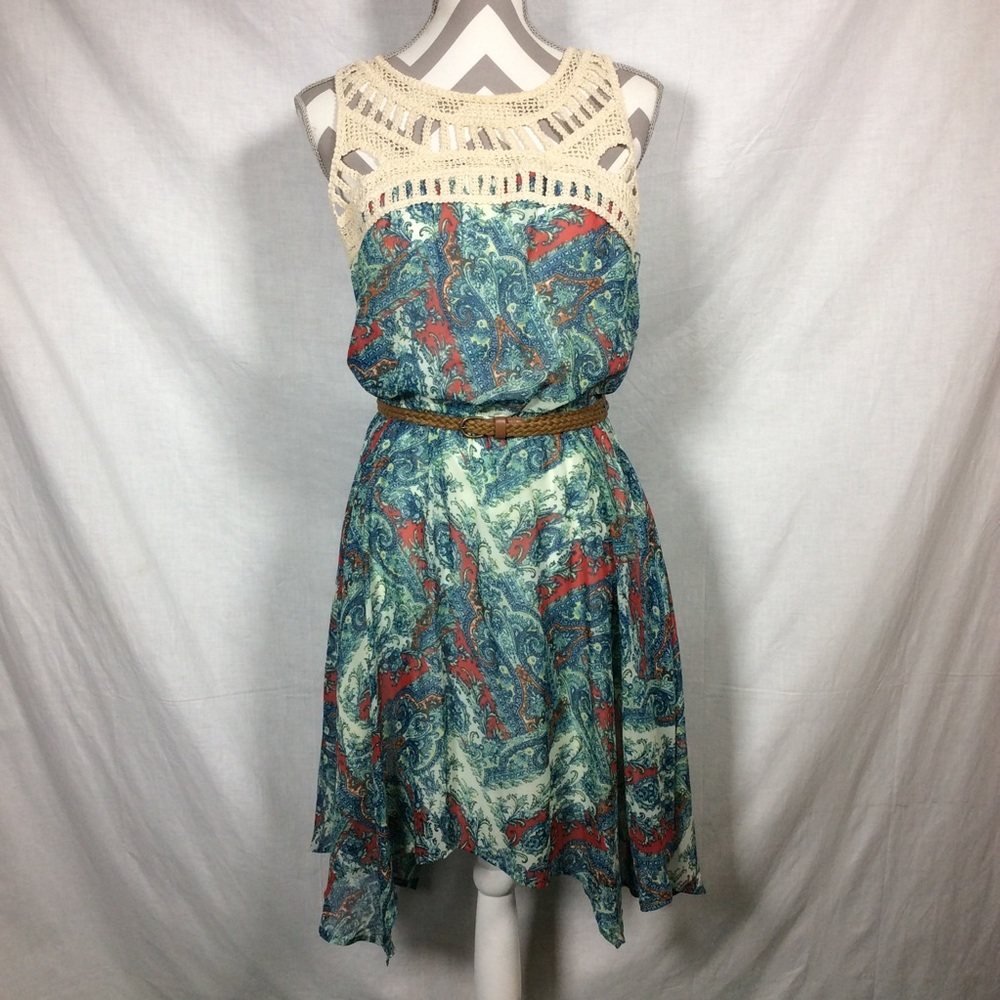 AUW Green Blue Paisley Asymmetrical Dress